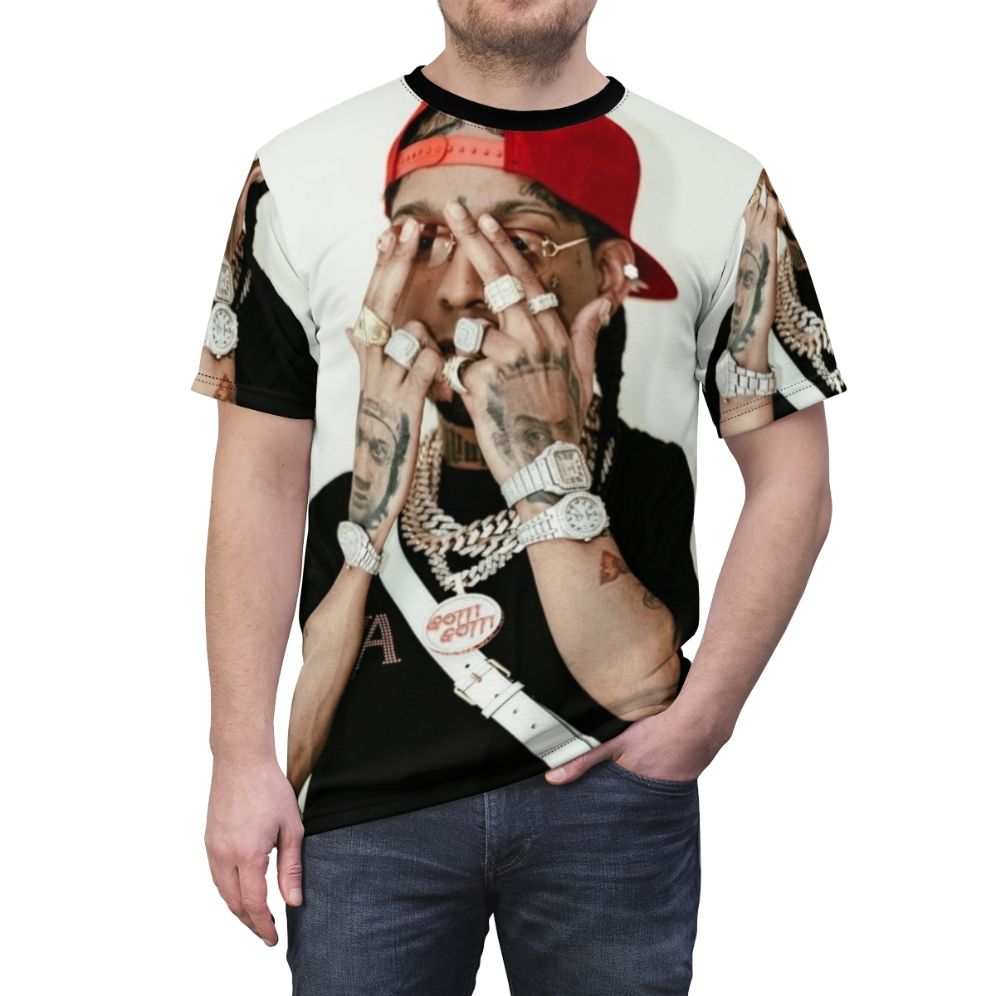 Rochyrd Inspired All Over Print T-Shirt featuring urban and dominican rap-inspired graphics - men front