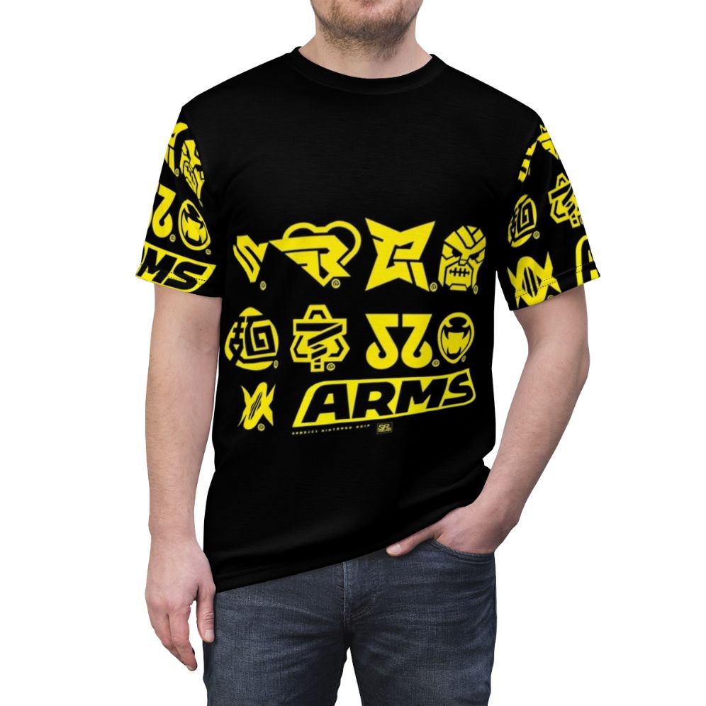 T-shirt featuring icons of characters from the Nintendo Arms fighting game, including Min Min, Ribbon Girl, and Spring Man. - men front