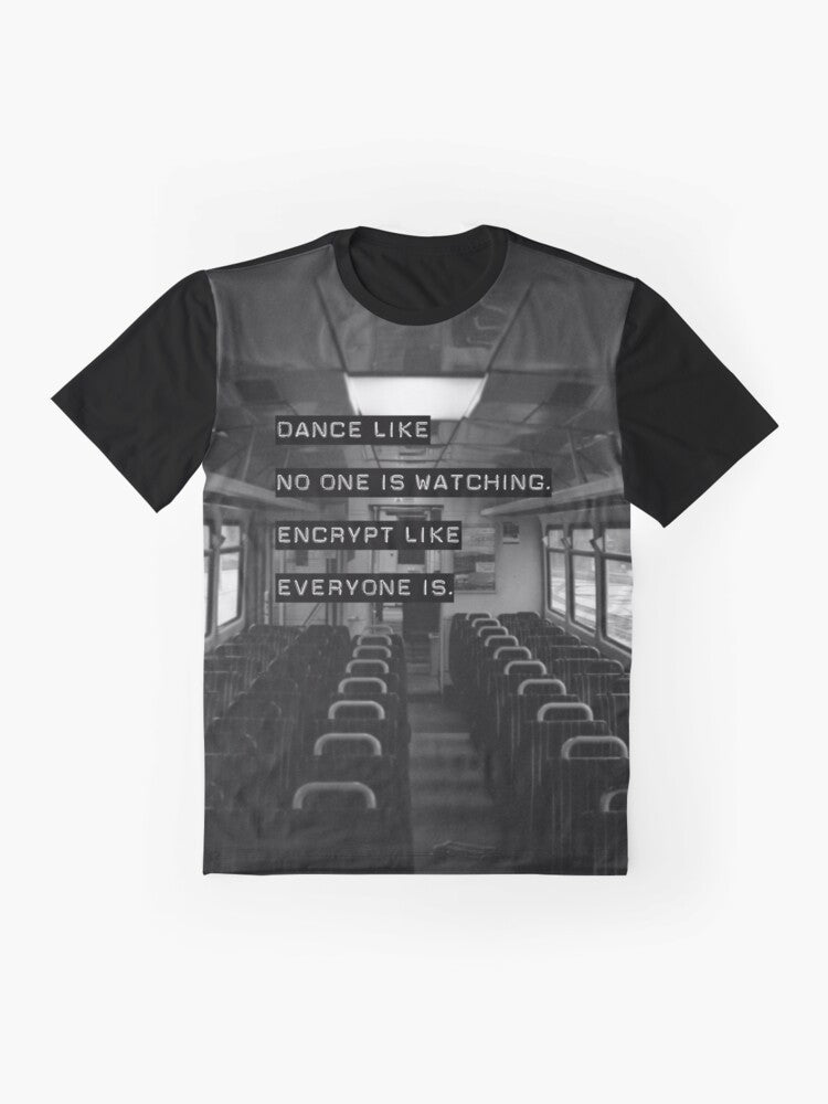 A black and white graphic t-shirt with the text "Encrypt like everyone is watching" and a computer security-themed design. - Flat lay