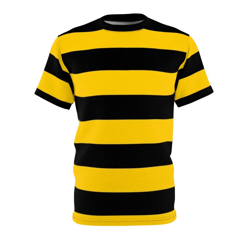 Closeup of a yellow and black striped bee on a t-shirt