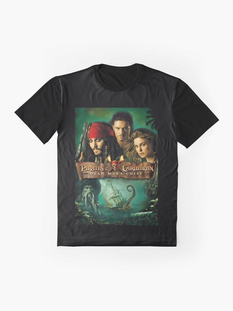 A graphic t-shirt featuring the iconic characters and imagery from the movie "Pirates of the Caribbean: Dead Man's Chest", including Jack Sparrow, the Black Pearl, and the Caribbean setting. - Flat lay