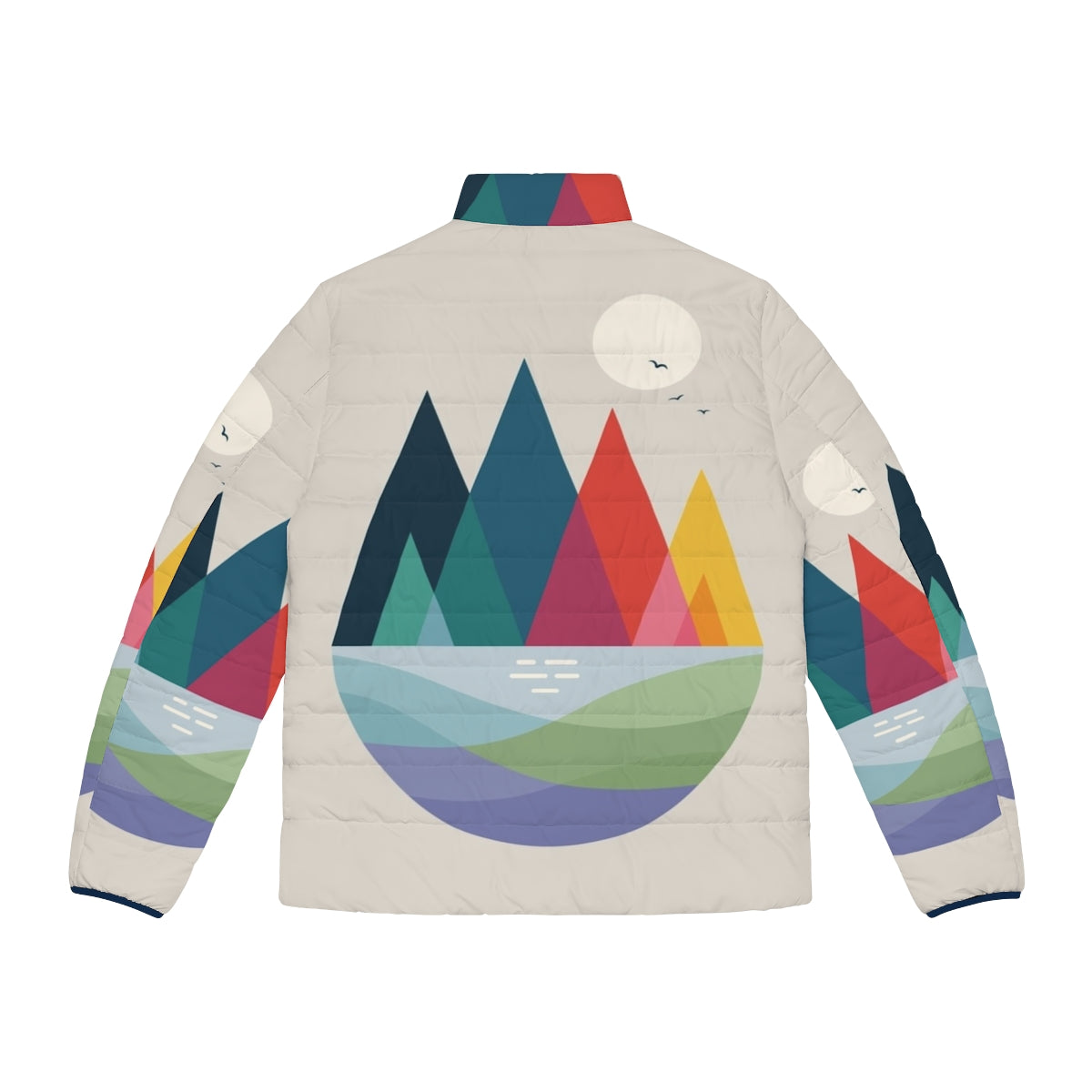 Colorful puffer jacket with geometric design and dream-like landscape - Back