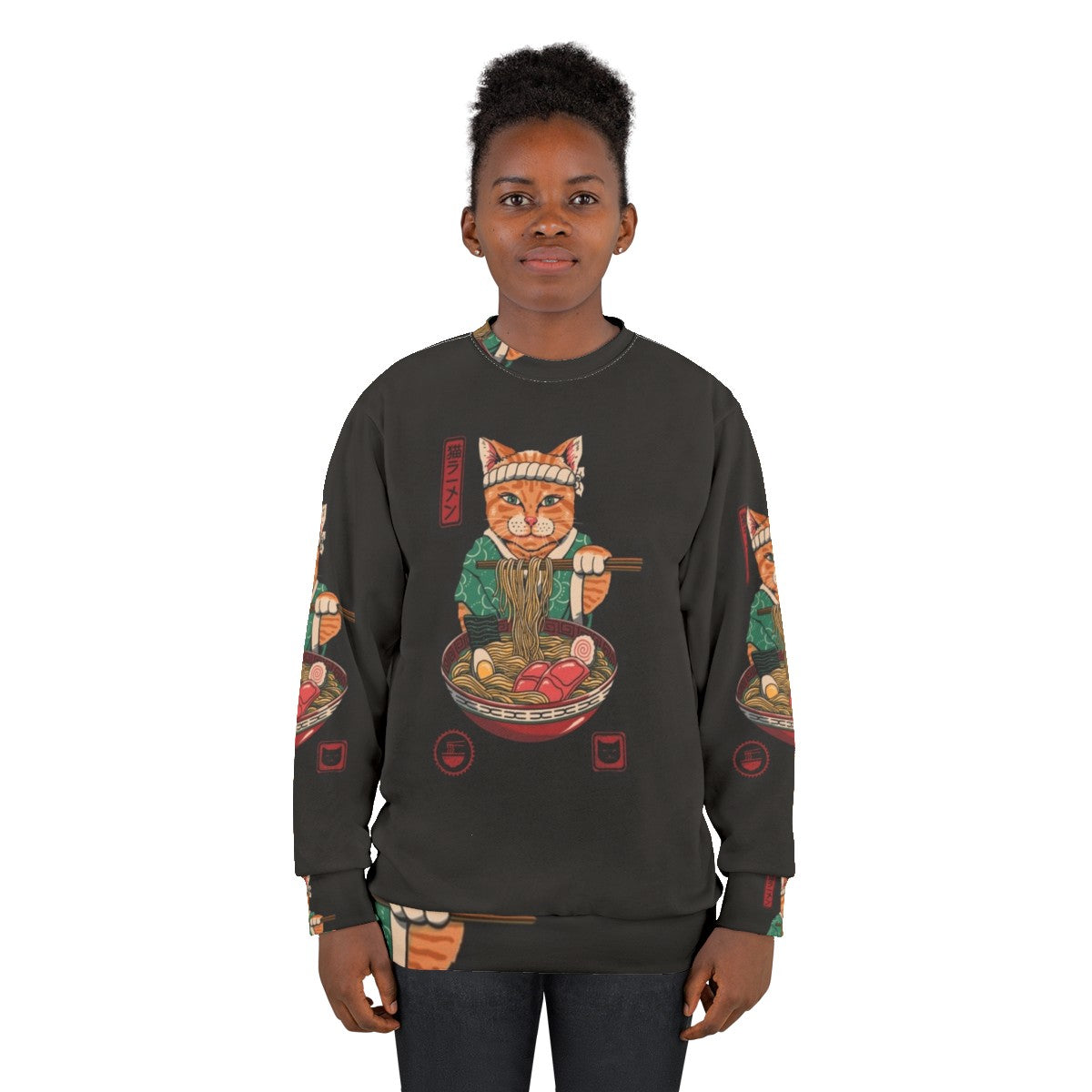 Neko Ramen Sweatshirt featuring a cat design with a ramen bowl - women