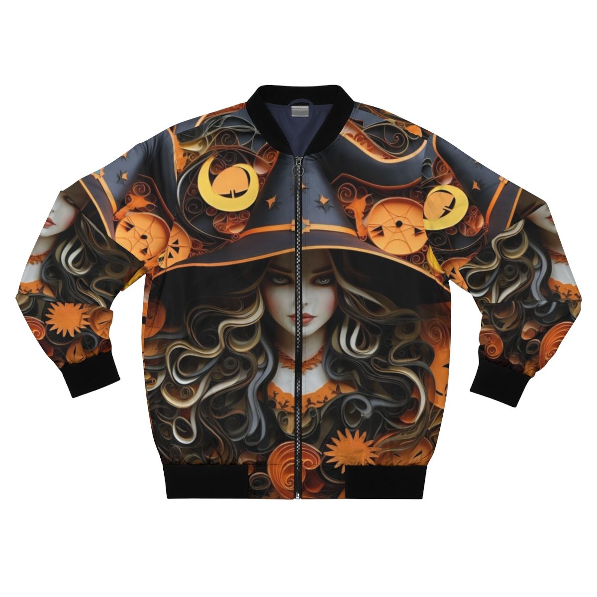 Colorful paper quilling Halloween witch art bomber jacket