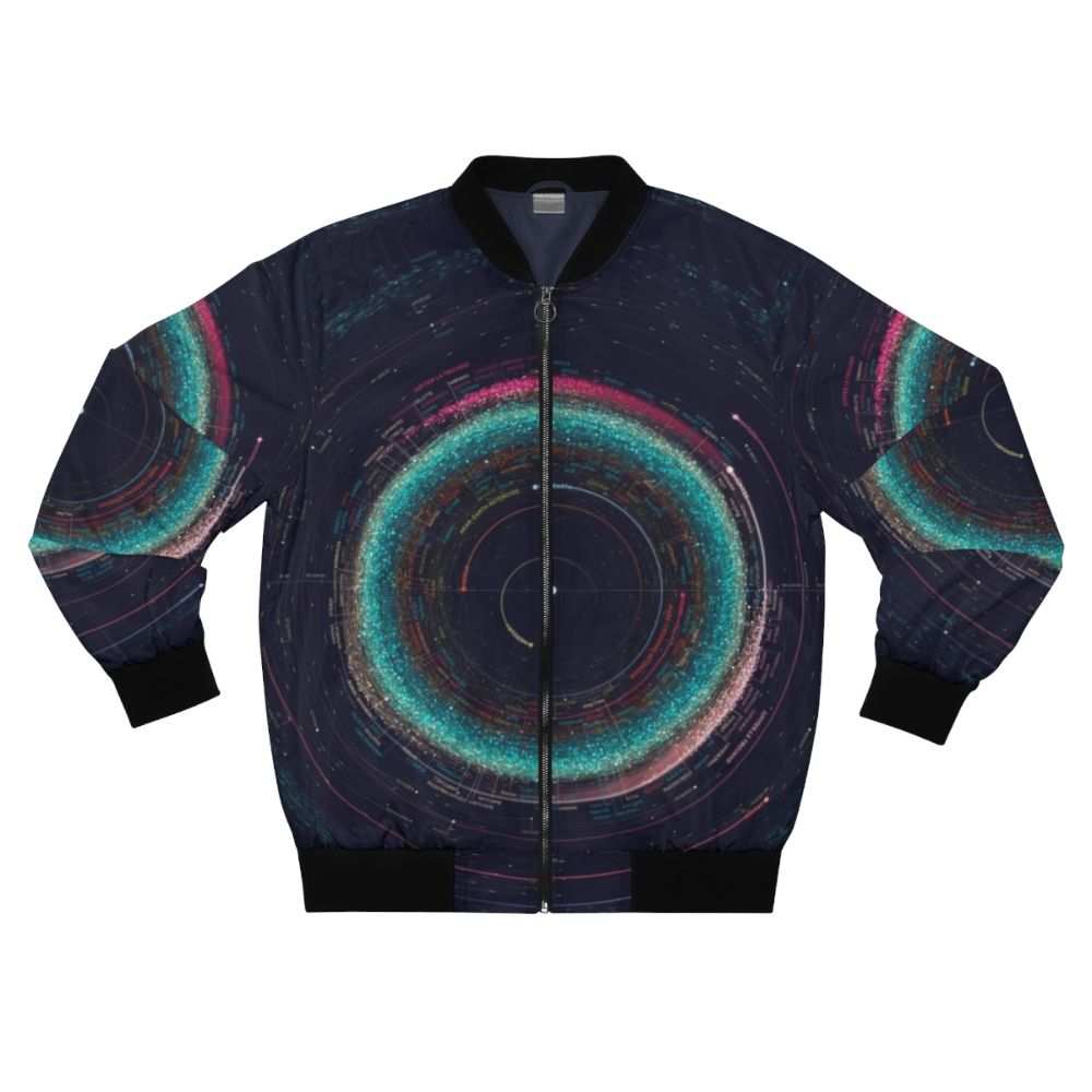 Asteroid Map of the Solar System Bomber Jacket featuring an infographic design of the asteroids and planets in the solar system.