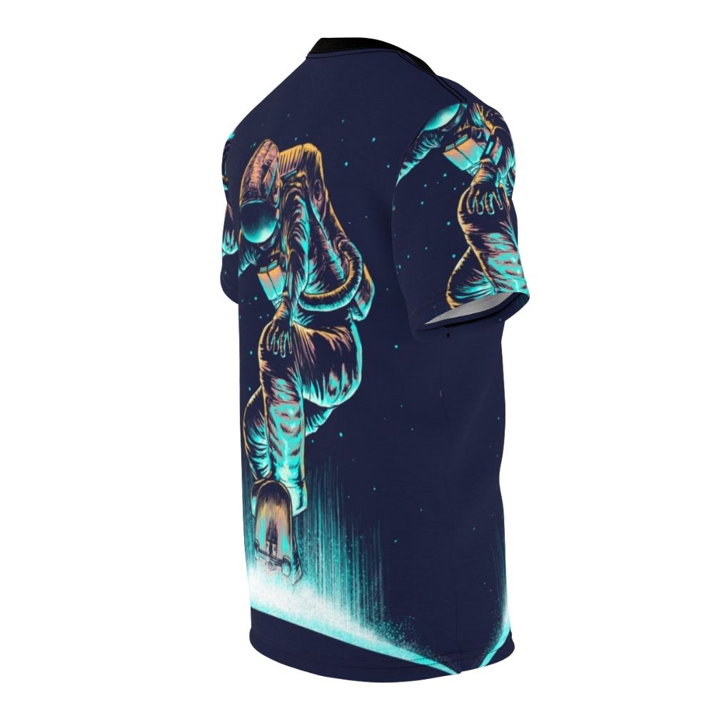 Vibrant cosmic and abstract space-themed graphic design on a high-quality t-shirt. - men right