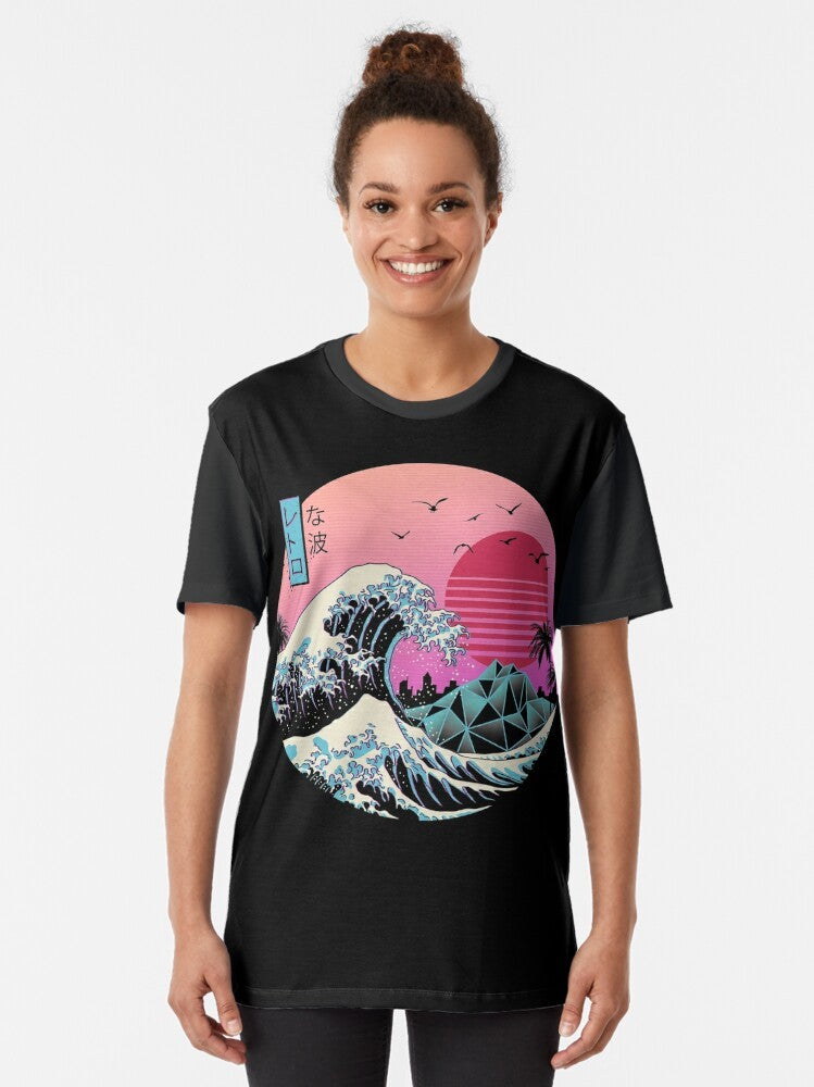 Retro Wave Graphic T-Shirt featuring a cool, 80s Japanese inspired design - Women