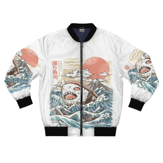 Sharkiri Sushi Anime Bomber Jacket with Shark, Sashimi, and Japanese Wave Patterns