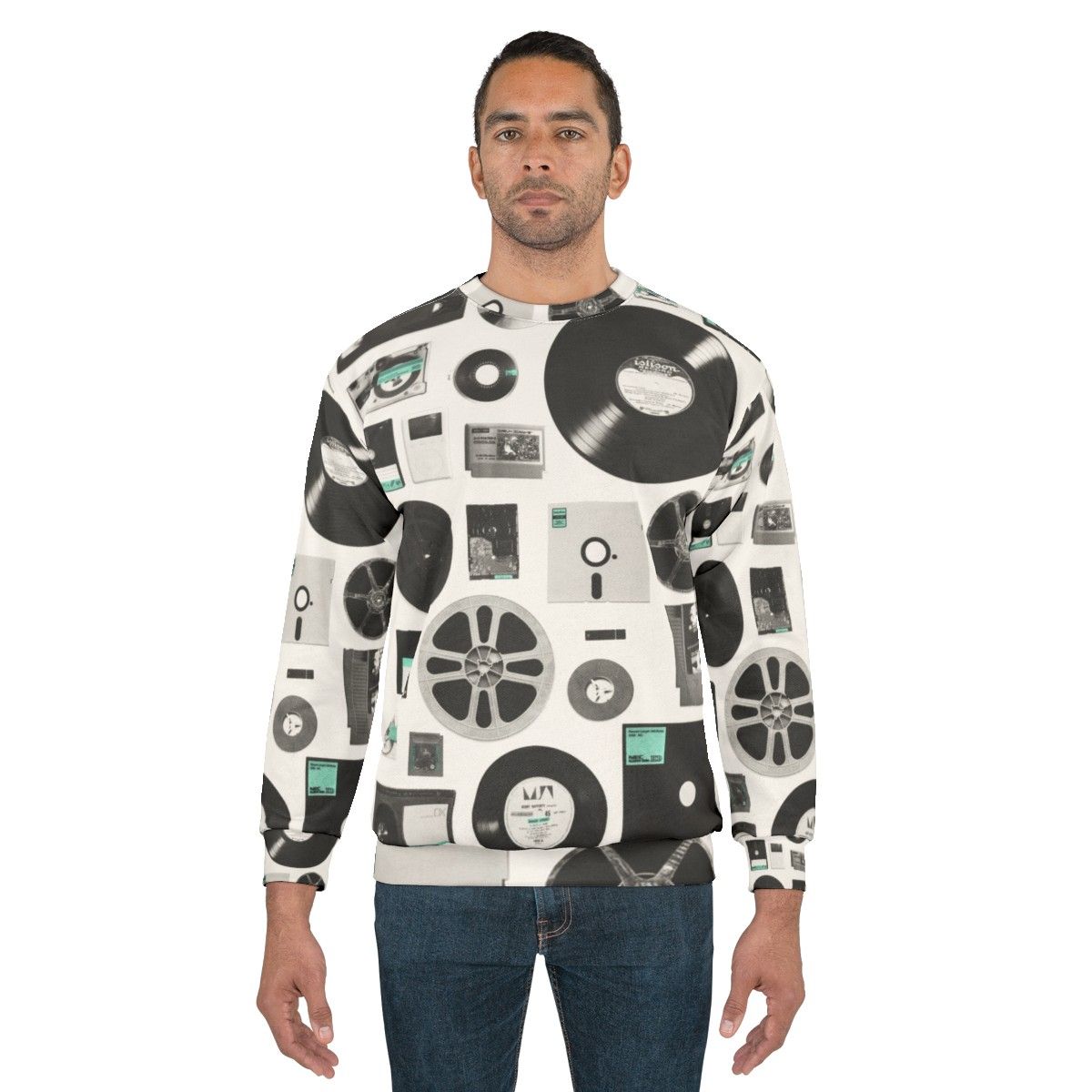 Data Sweatshirt featuring a minimalist design of vintage computer and audio media - men