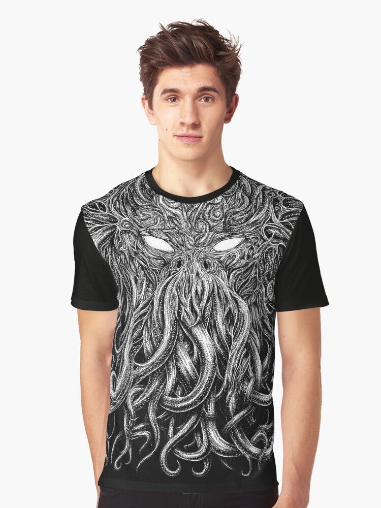 A black t-shirt featuring a graphic design of the Cthulhu creature from H.P. Lovecraft's horror stories. - Men