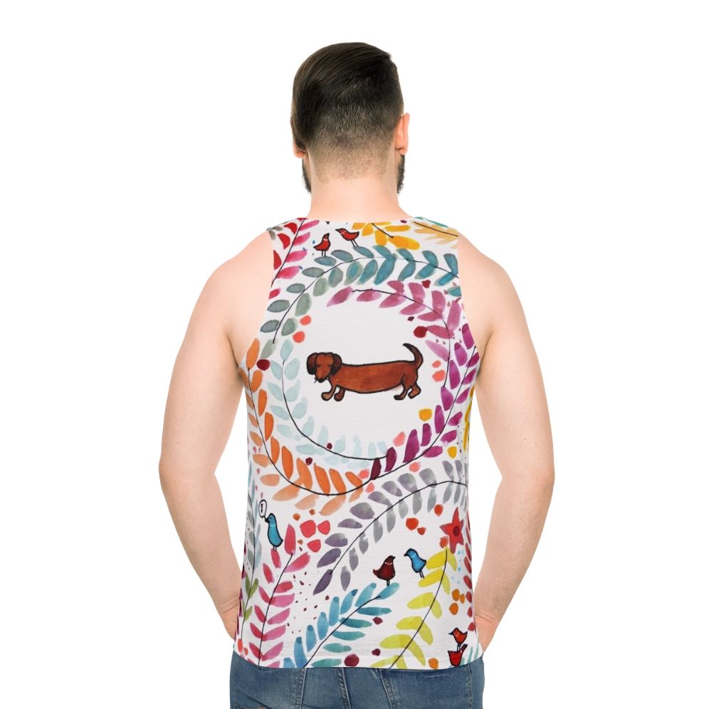 Dachshund-themed unisex tank top with colorful floral and bird pattern - men back