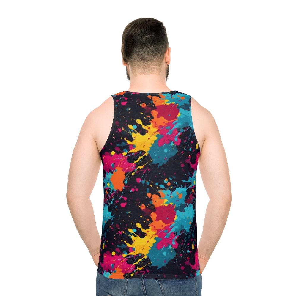 Colorful paint splatter design on a unisex tank top - men back