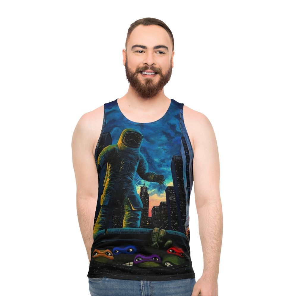 Sewer Surfers Unisex Tank Top featuring ninja turtles, space exploration, and urban landscape design - men