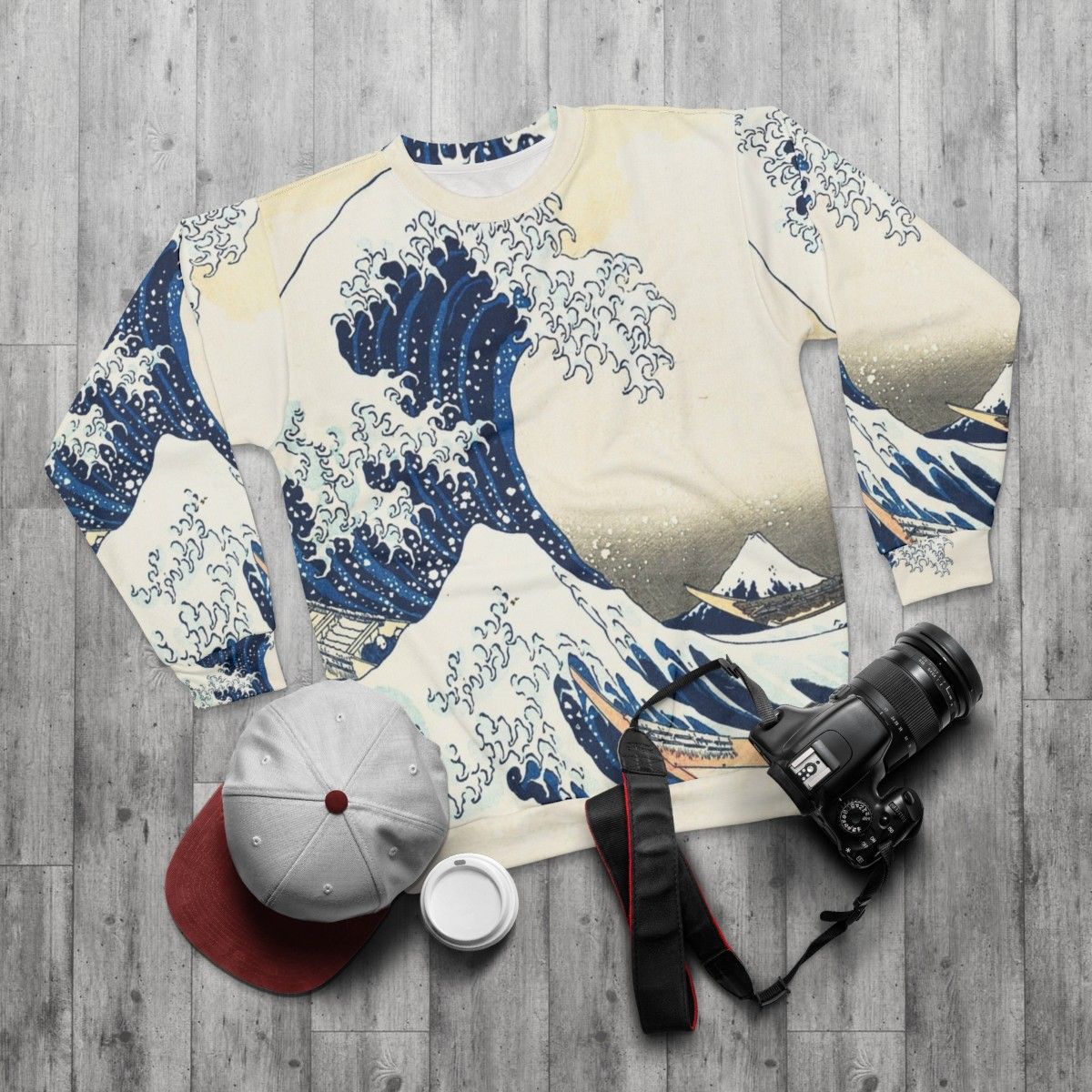 Kanagawa Wave Japanese Wave Sweatshirt by Hokusai - flat lay