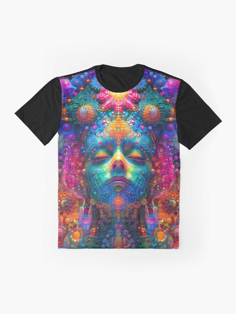 Psychedelic art graphic t-shirt with cosmic consciousness design - Flat lay