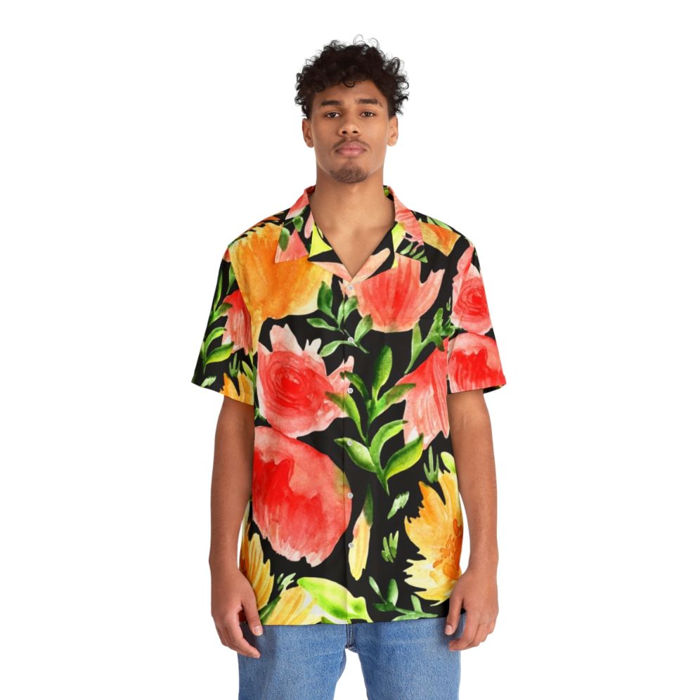 Watercolor floral Hawaiian shirt with black background - People Front