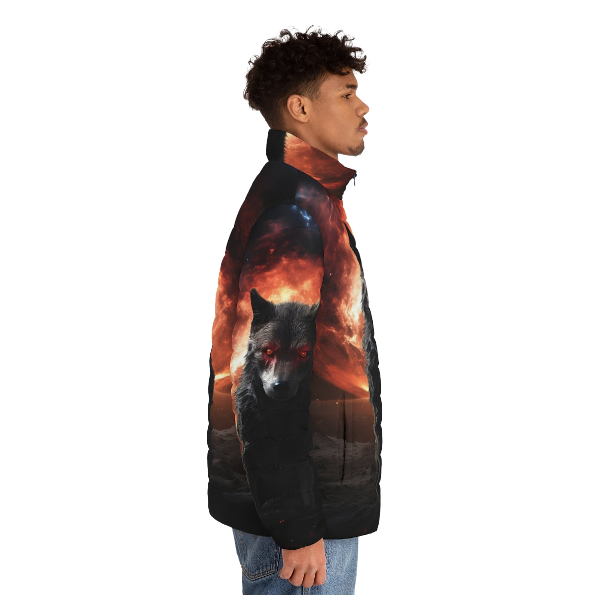 Satanic dog puffer jacket with a spooky, horror-themed design - men side right