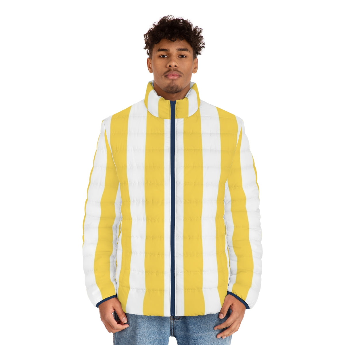 Mustard yellow and white vertical striped puffer jacket with a vintage geometric pattern - men front