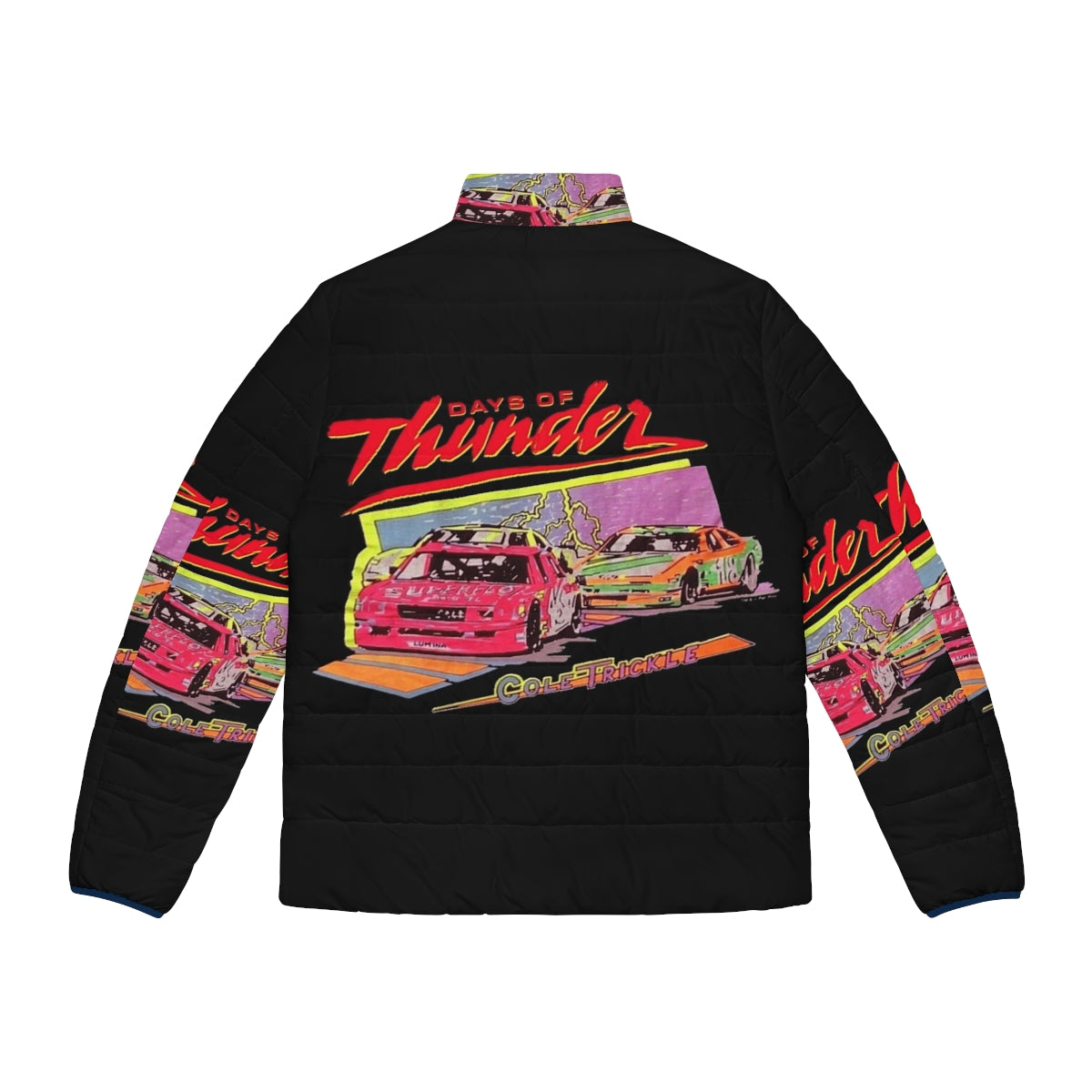 Vintage "Days of Thunder" puffer jacket featuring Tom Cruise's character from the classic NASCAR film - Back