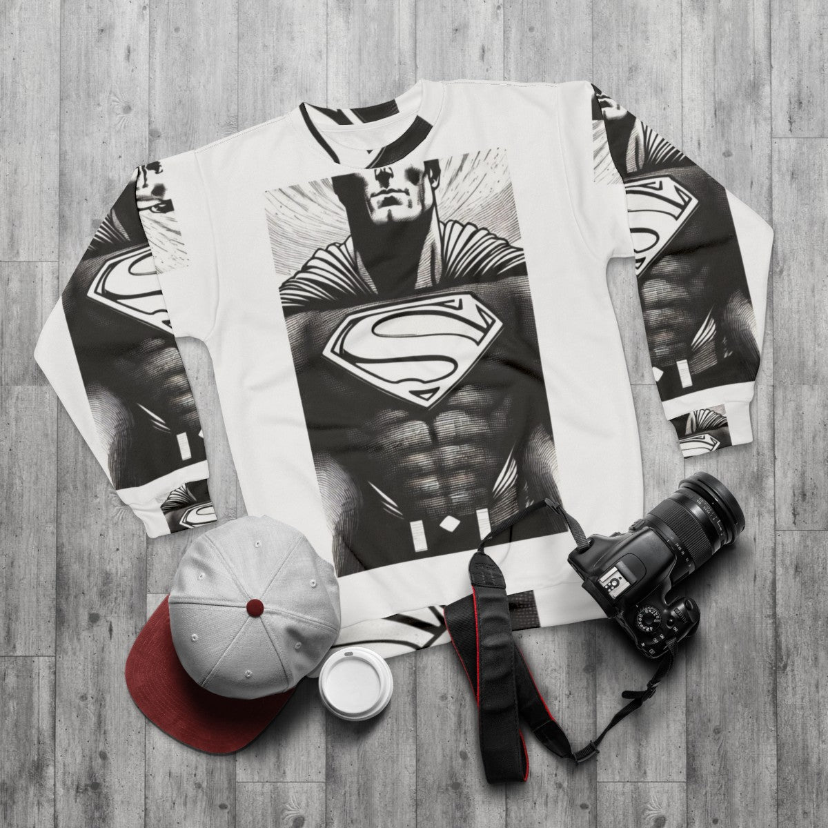 Superhero Sweatshirt featuring a vibrant superhero design - flat lay