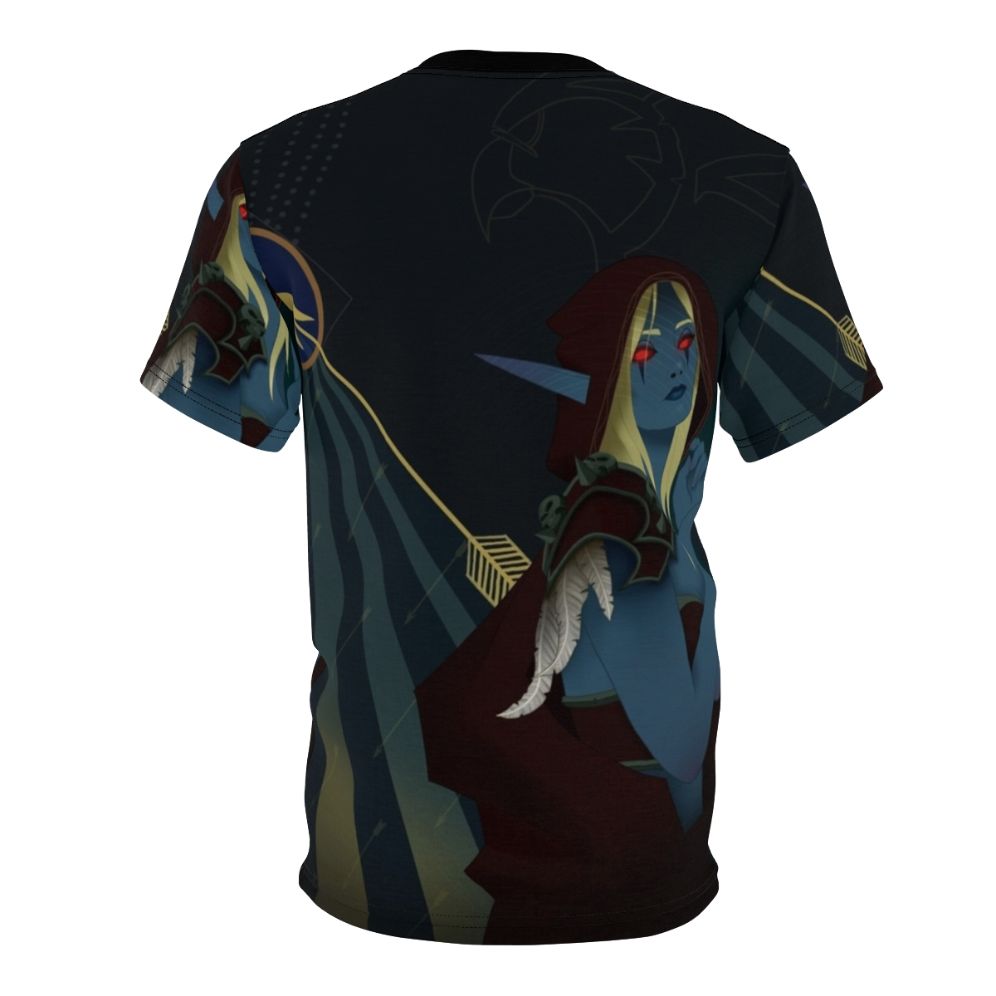 Stylized fantasy tarot card t-shirt featuring an illustration of Lady Sylvanas Windrunner from the Warcraft universe - Back