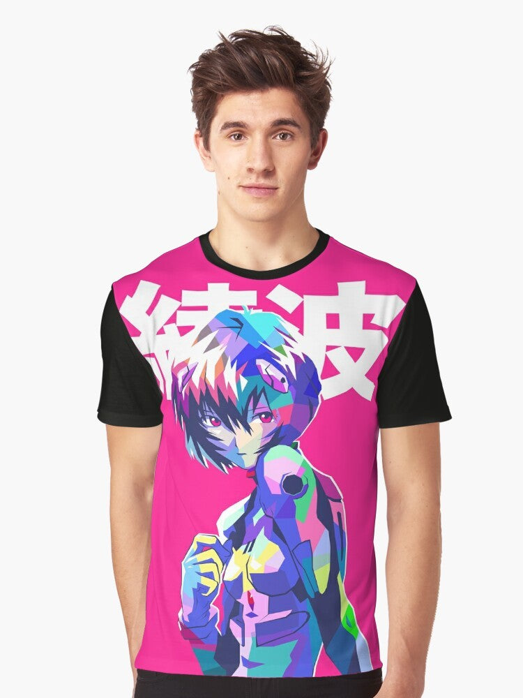 Rei Ayanami from Neon Genesis Evangelion anime wearing a graphic t-shirt with aesthetic kanji design - Men