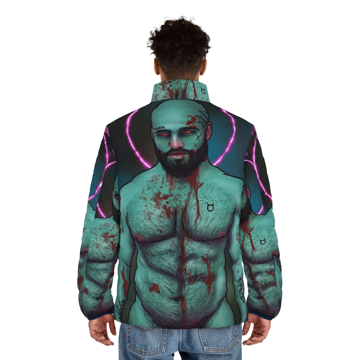 Astra Zero Gay Punk Puffer Jacket for Muscle Daddies, featuring a dark, edgy design - men back