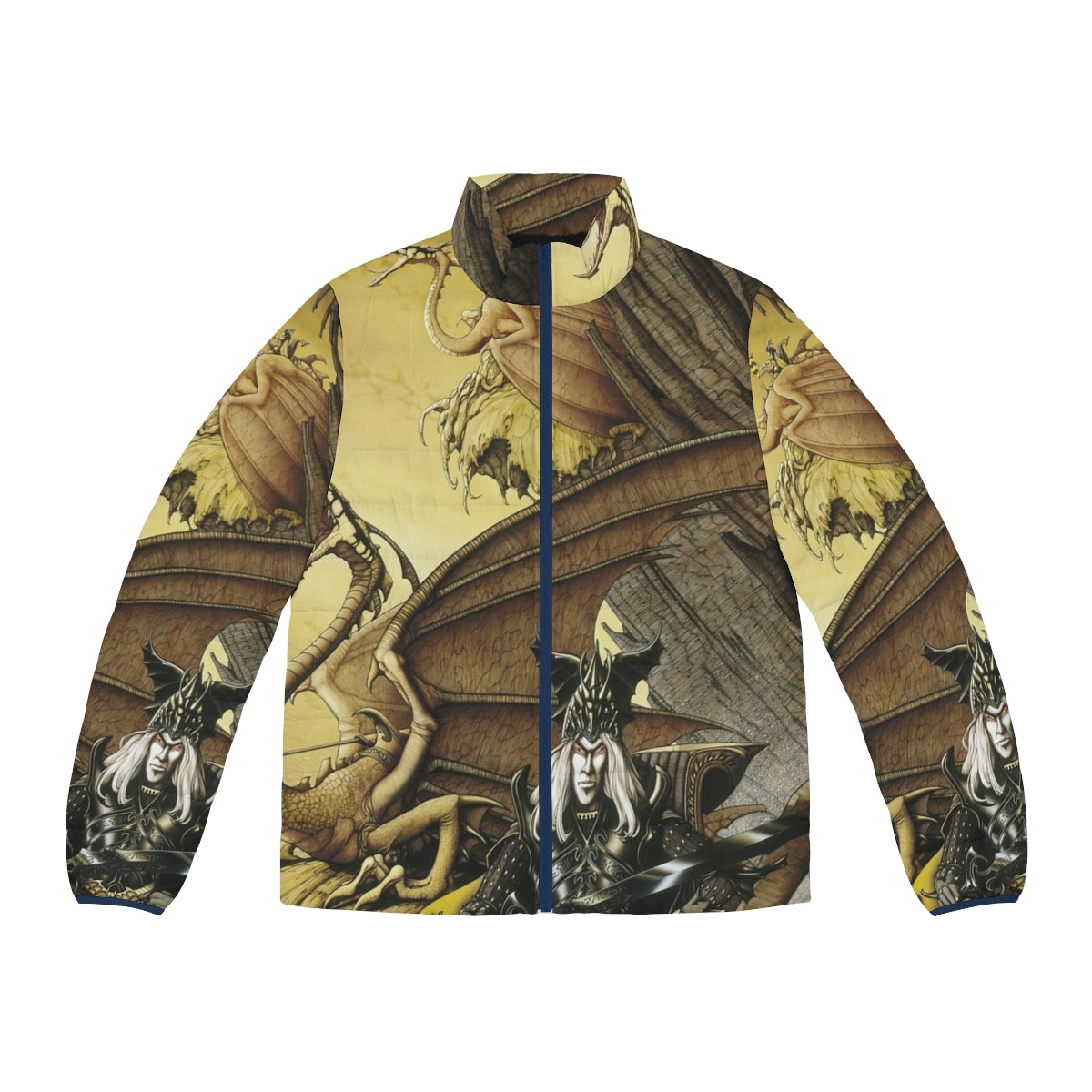 The Dragon Lord Puffer Jacket featuring fantasy art with a dragon, warrior, and sword and sorcery elements