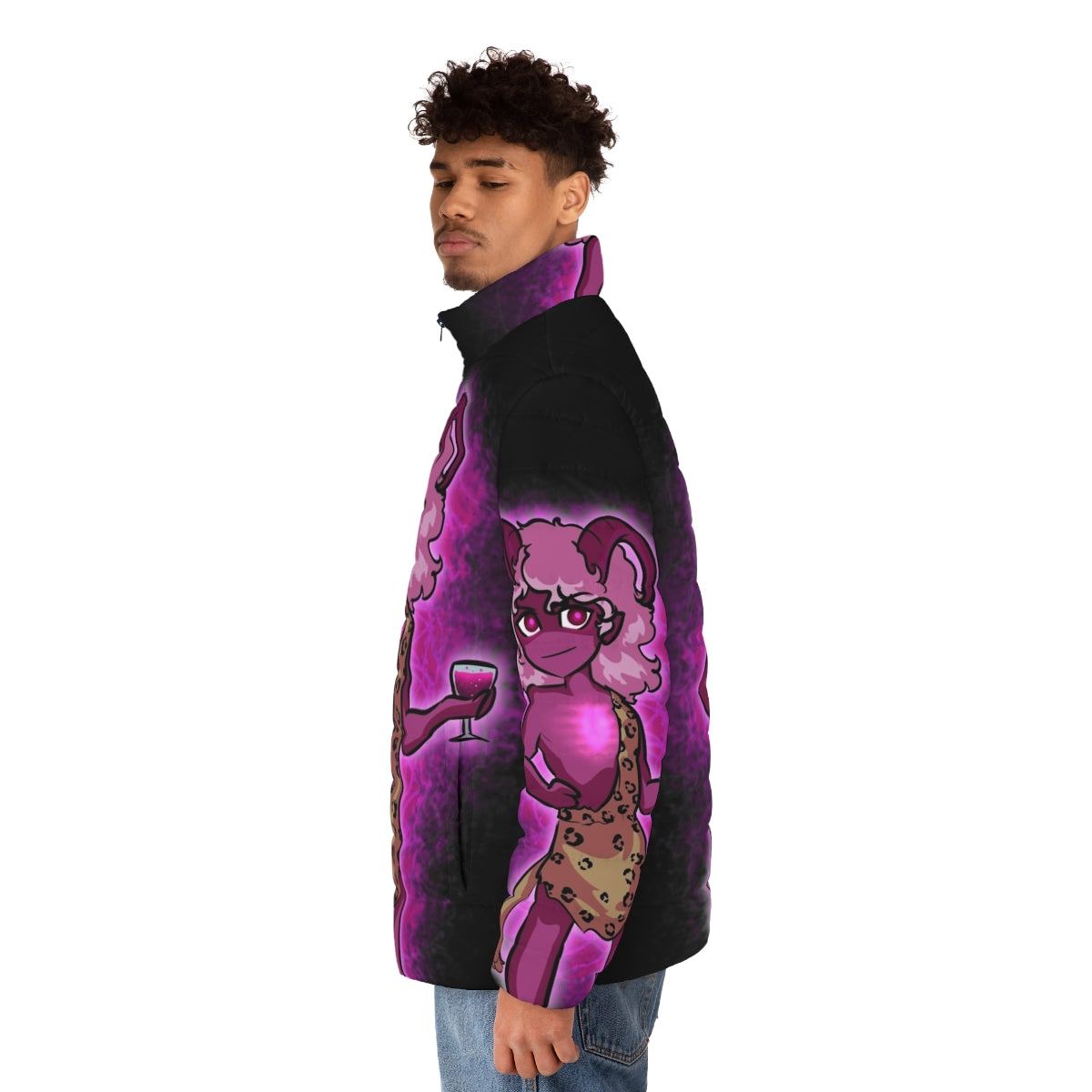 Dionysus puffer jacket with Orphic mythology inspired design - men side left