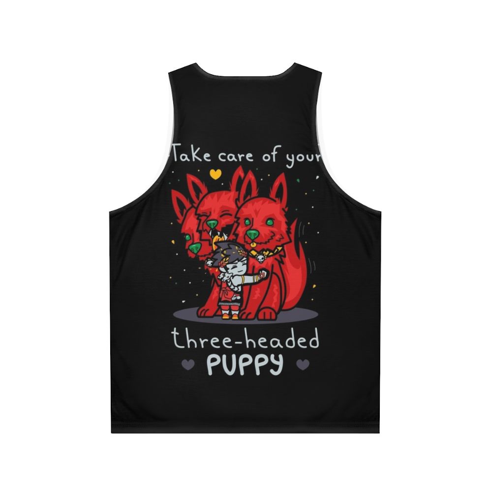 Three-headed puppy design on a white unisex tank top - Back