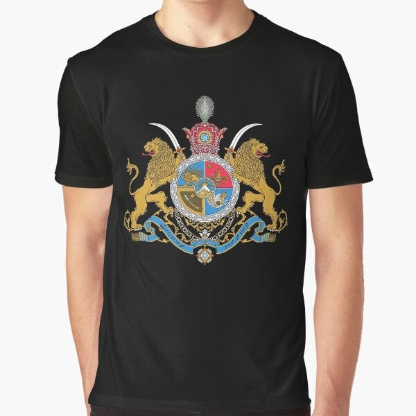 Graphic t-shirt featuring the imperial coat of arms of Iran under the Pahlavi dynasty