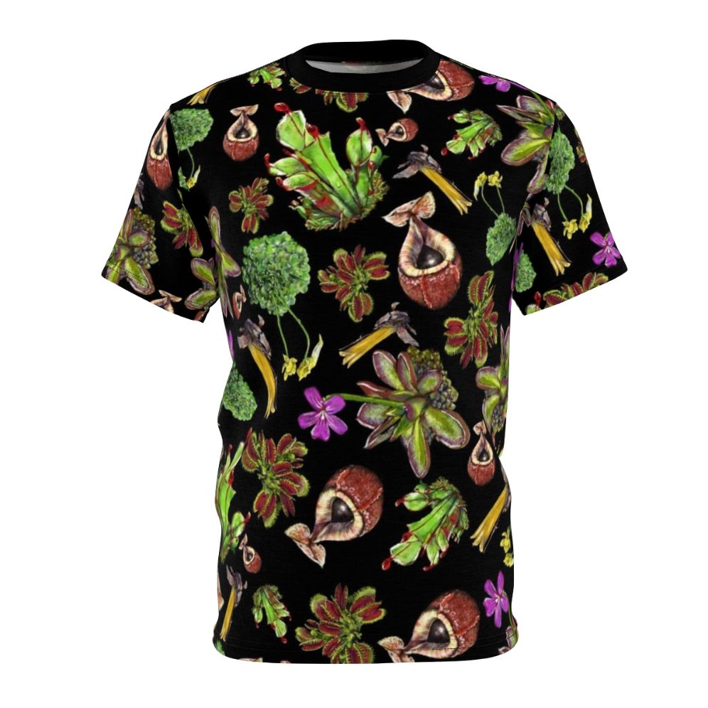 Alluring carnivorous plants printed on a black t-shirt, featuring a nature-inspired pattern.