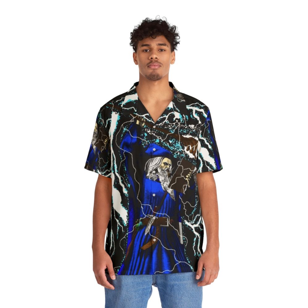 Magical wizard blue hawaiian shirt with fantasy and pop culture elements - People Front