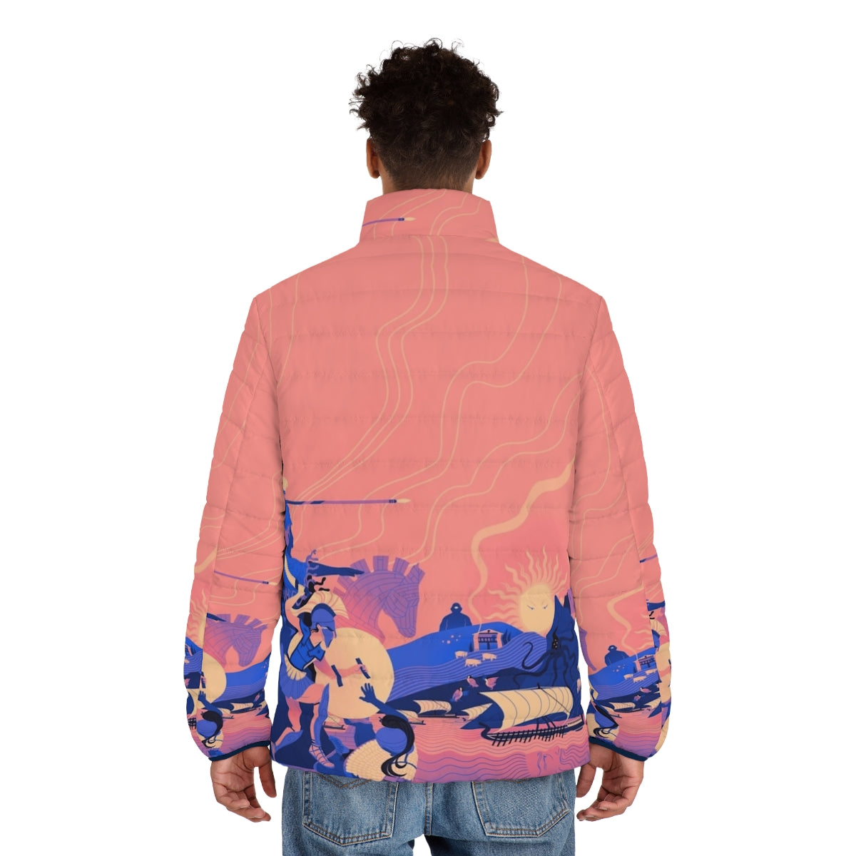 Homeric Landscape Summer Puffer Jacket with Greek Mythology Inspired Design - men back