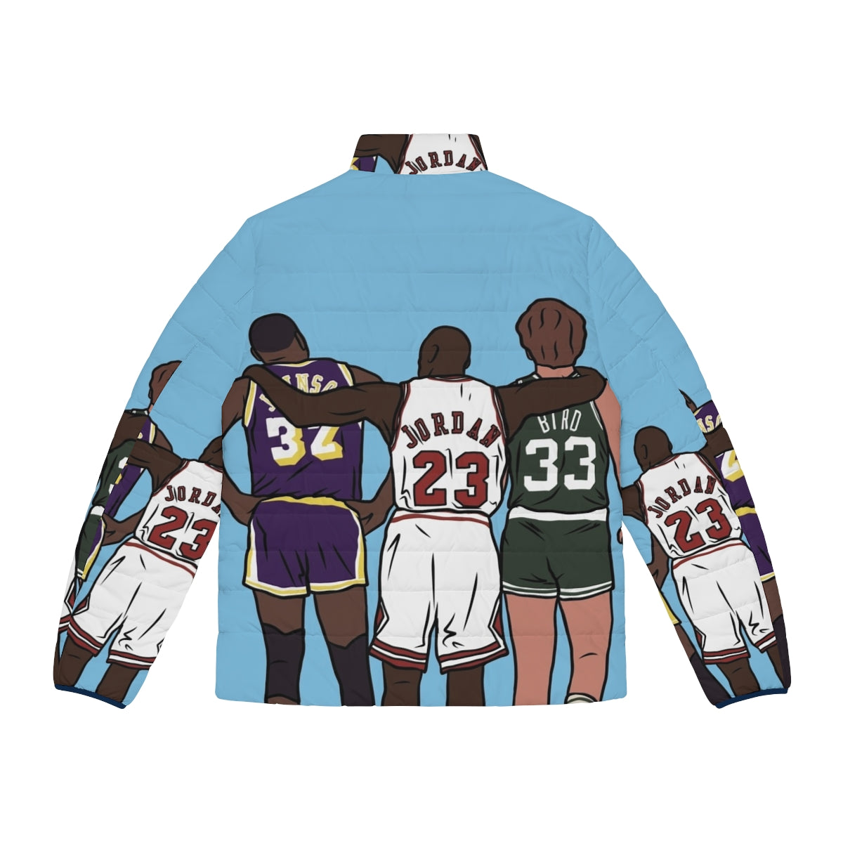 Retro Magic Johnson and Larry Bird Puffer Jacket with basketball and vintage design - Back