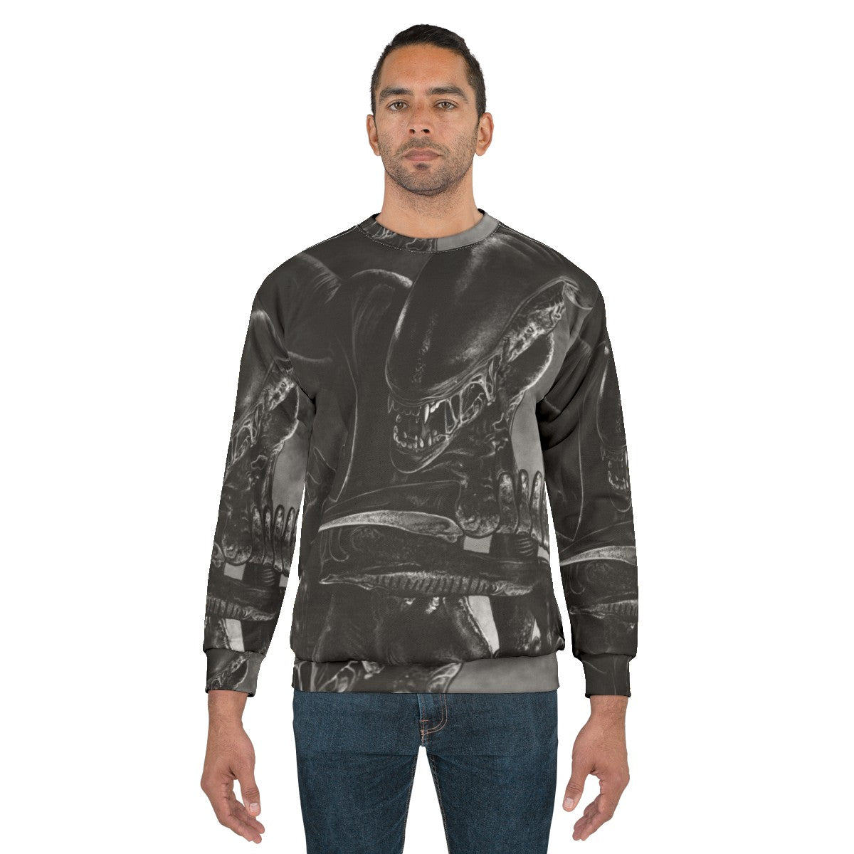 Handdrawn xenomorph alien design on a sweatshirt - men