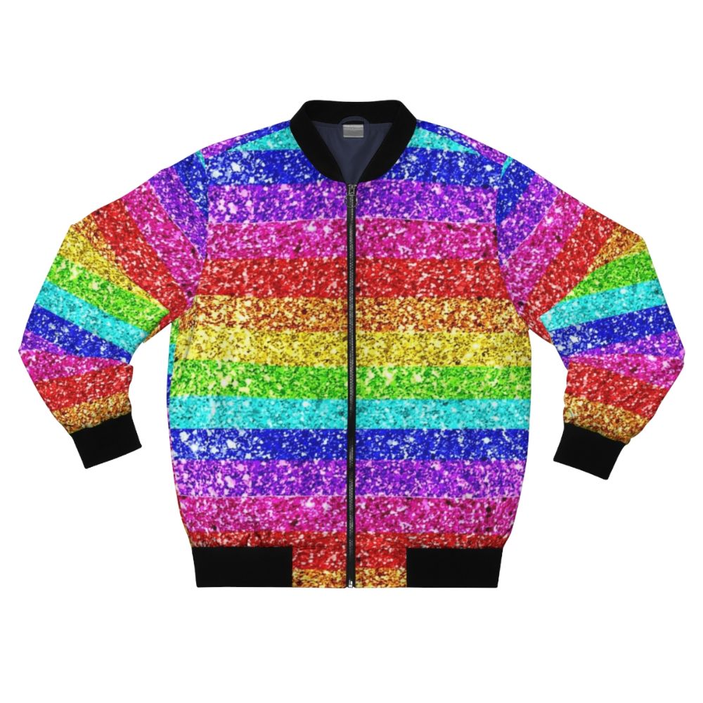 A vibrant, sparkling rainbow glitter bomber jacket for Pride and LGBTQ+ celebrations.