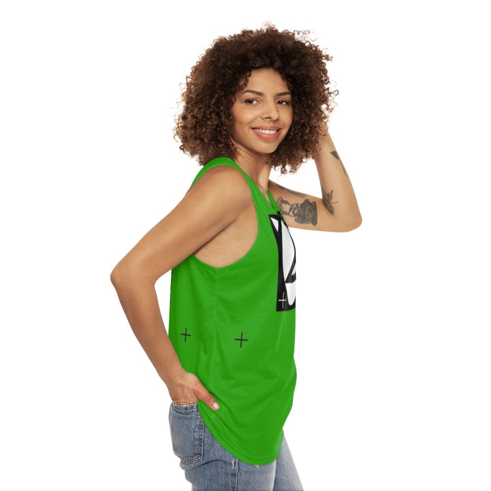 Unisex tank top with tracking markers for visual effects and green screen filming - women side