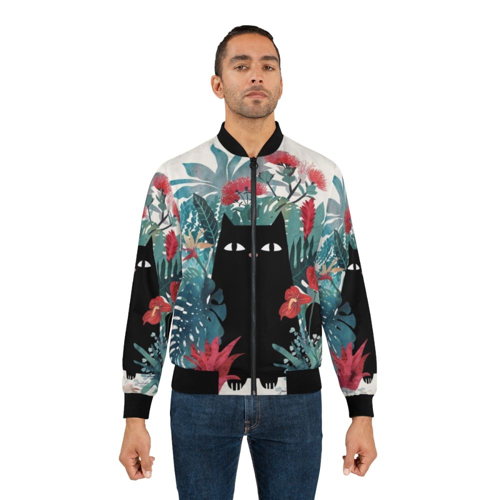 Popoki Black Cat Tropical Floral Bomber Jacket - Lifestyle