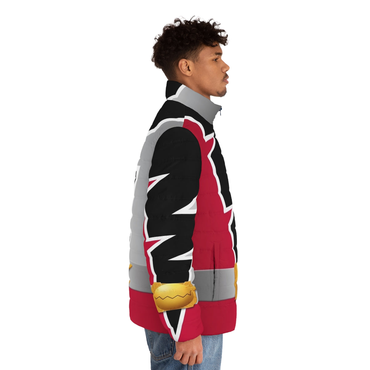 Ryusoulger Puffer Jacket in red featuring dinosaur and super sentai design - men side right