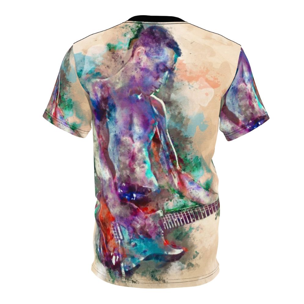 A realistic watercolor graphic of a young male guitar player on a t-shirt - Back