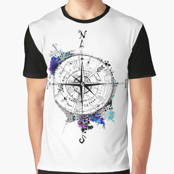 "Not All Those Who Wander Are Lost" graphic t-shirt design with a watercolor compass, sketch, and wanderlust theme