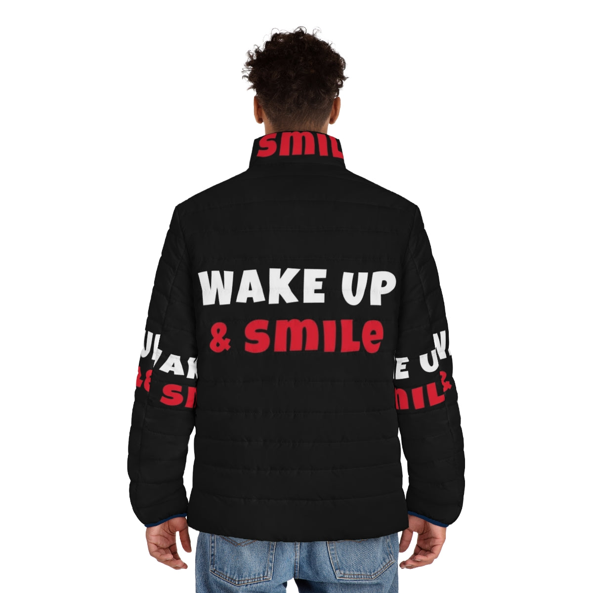 Vibrant puffer jacket with "Wake Up and Smile" text, perfect for active lifestyles - men back