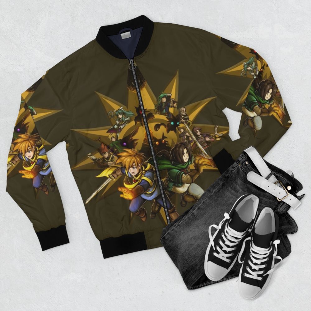 Golden Sun-inspired bomber jacket with characters and Djinn imagery - Flat lay