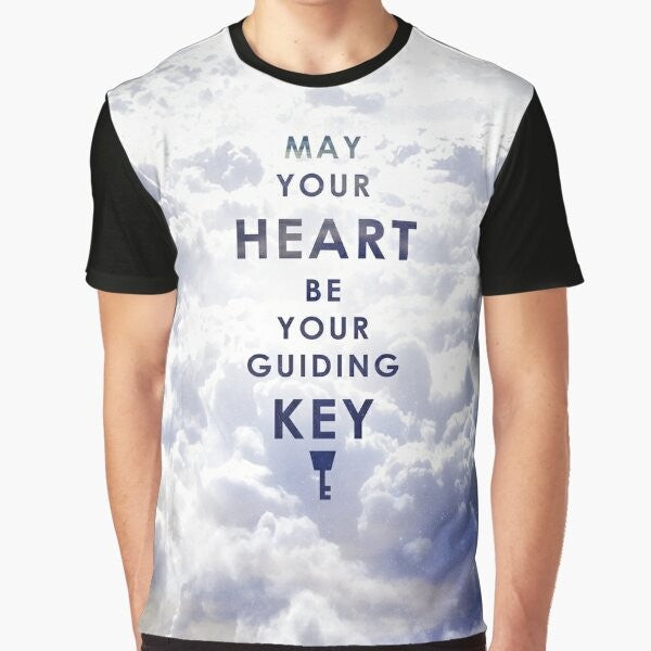 "Kingdom Hearts inspired t-shirt design featuring the quote "May your Heart be your guiding Key" on a background version"