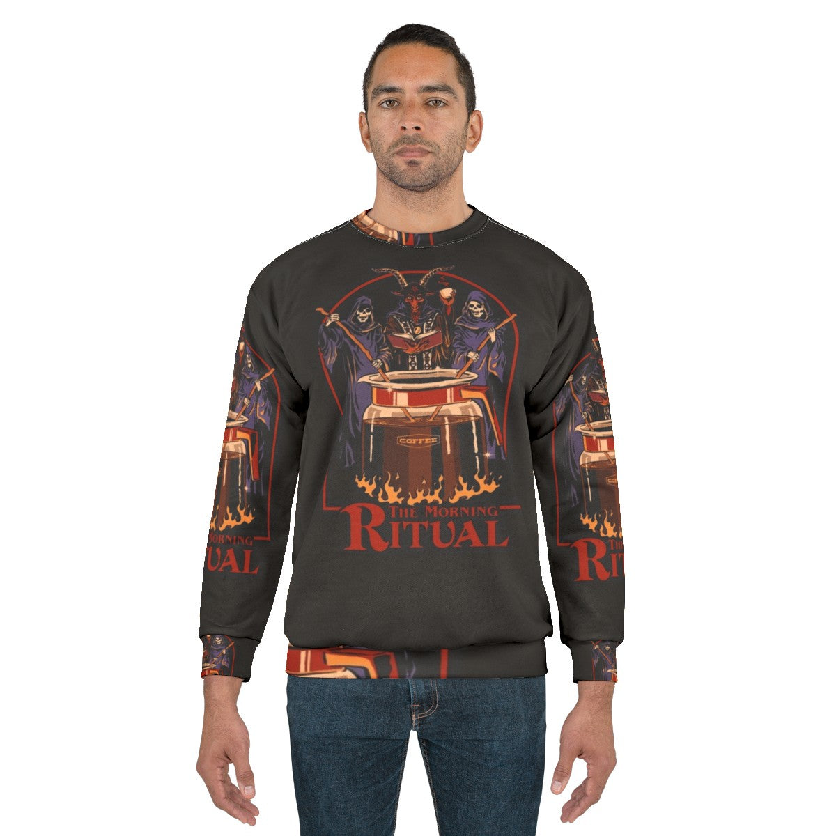 Retro "Morning Ritual" sweatshirt featuring gothic, caffeine-inspired design - men