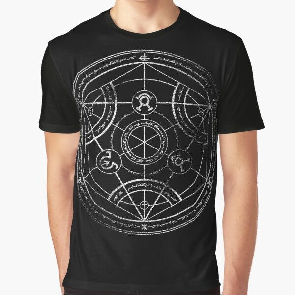 Fullmetal Alchemist-inspired human transmutation circle graphic printed on a chalk-textured t-shirt