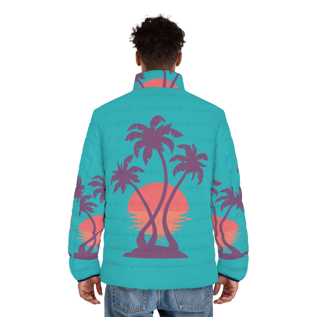 Puffer jacket with palm tree and tropical sunset design - men back