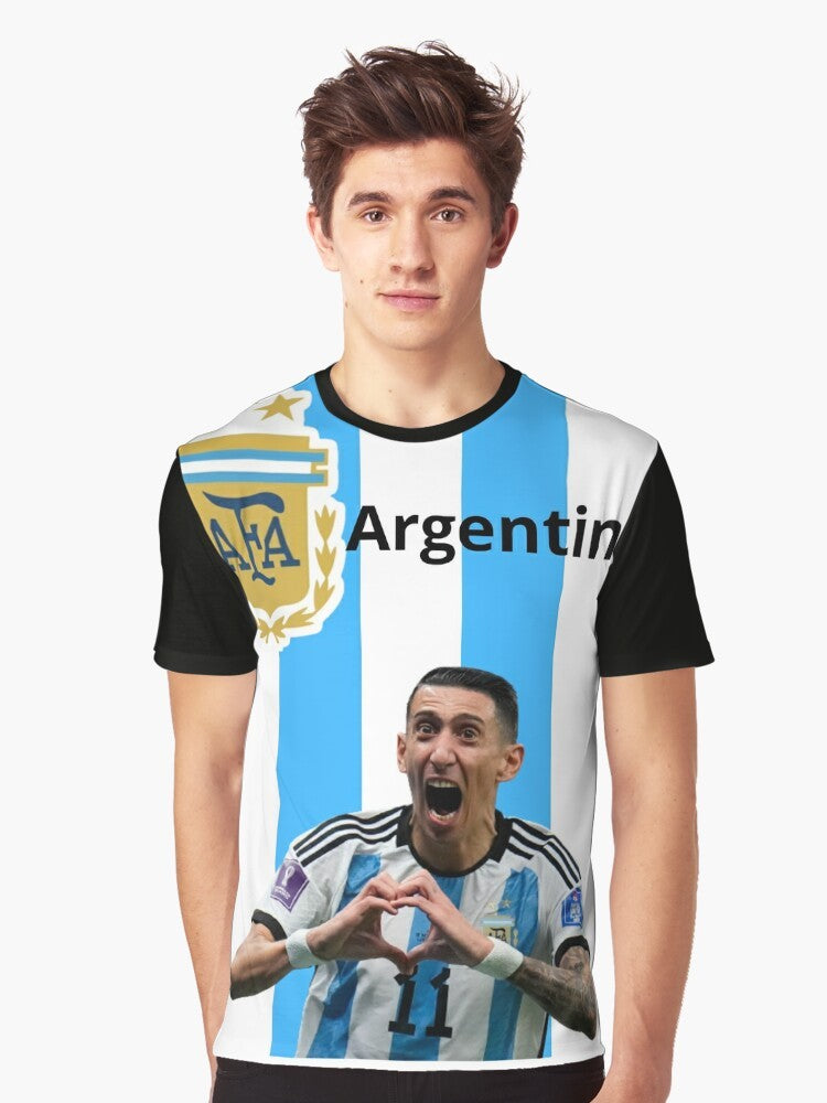 Di Maria Argentina T-Shirt with Player Celebrating Goal in 2022 World Cup - Men