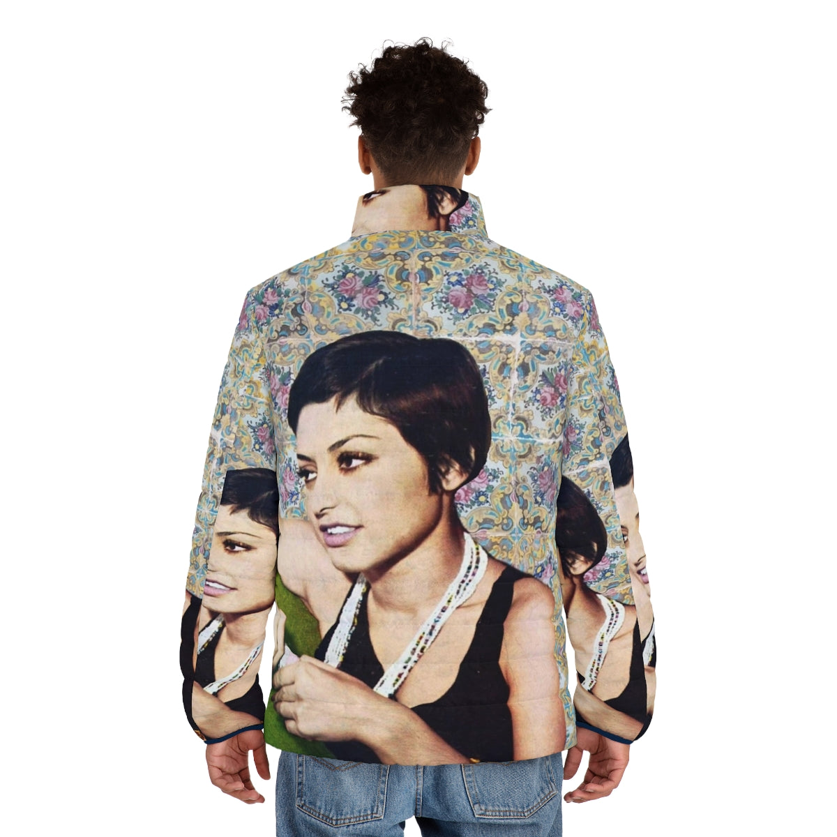 Vintage puffer jacket featuring Iranian singer Googoosh on a couch - men back